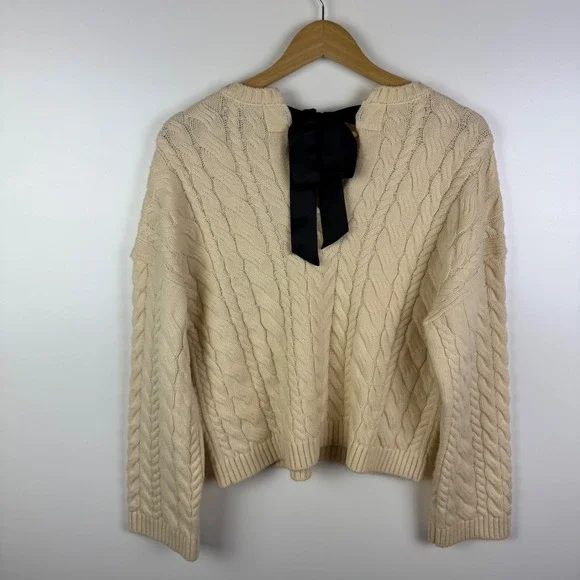 J Crew Tie Back Cable Knit Sweater Small Cream Wool Pullover Fisherman Preppy - Picture 6 of 12